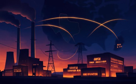 A Texas gas-fired power plant at dusk sends high-voltage electricity toward glowing data centers and semiconductor fabs, with subtle U.S.-South Korea trade route lines over a dark map.