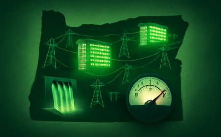 Editorial illustration of Oregon overlaid with server warehouses, transmission lines, substations, hydropower dams, and a rising electricity meter to show data center grid pressure.