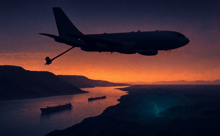 Editorial image of a gray aerial refueling tanker above a desert coastline and narrow shipping strait at dusk, with distant oil tankers and radar-like light below.