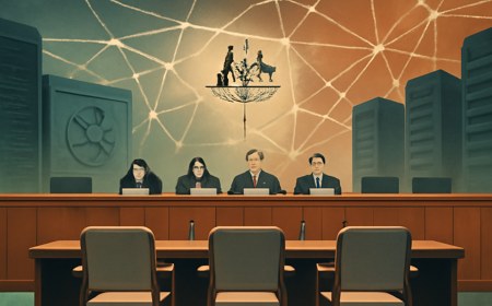 Editorial illustration of a Canberra parliamentary hearing room with empty witness chairs, senators, abstract AI-agent network lines, a government data vault, and distant data-centre silhouettes.