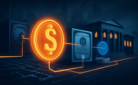 Editorial illustration of a digital dollar token traveling across institutional payment rails, bank vaults, blockchain nodes and Treasury-bill certificates without logos or brand names.