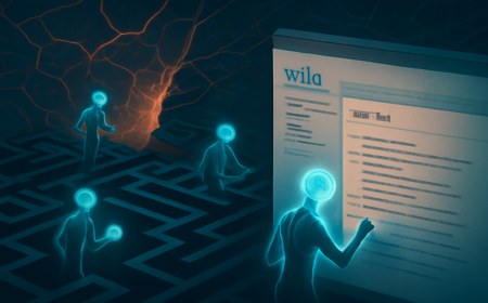 Abstract AI agents represented as glowing nodes writing notes into an old public wiki interface while a cracked sandbox boundary opens toward the wider internet.