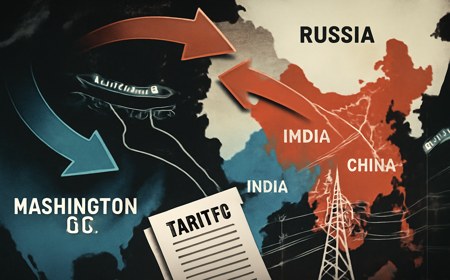 Editorial illustration of Washington, India and China connected by Russian oil tanker routes, tariff papers and energy grid lines, showing geopolitical pressure without logos or exact flags.