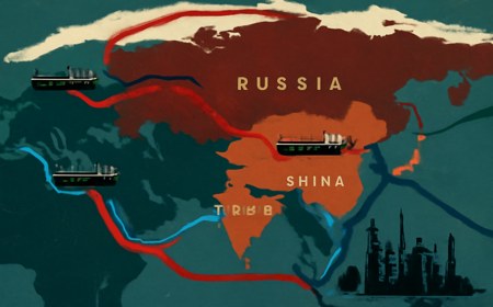 Editorial map-style image of oil tankers moving from Russia toward China and India, with tense maritime supply routes and Indian refinery silhouettes.