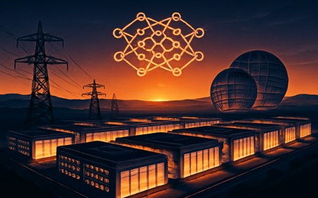 Editorial illustration of a large AI data-center grid connected to power infrastructure and abstract semiconductor wafers, representing China’s full-stack AI infrastructure buildout.