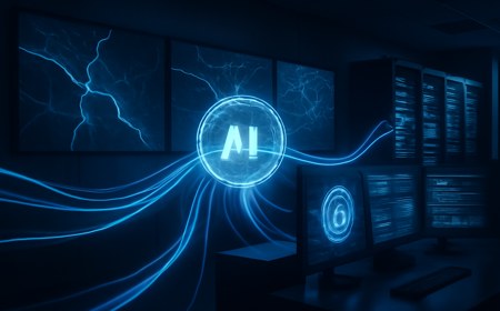 A dark critical-infrastructure control room with abstract water, power grid and municipal network maps connected to a glowing AI cyber-defense hub, with blue defensive light trails moving through servers and security dashboards.