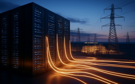 An AI data center connected to a glowing electric grid, with server racks visually blending into controllable power-flow lines, utility substations and transmission towers at dusk.