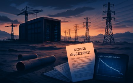 A desert AI data-center construction site at dusk with unfinished server halls, transmission towers, pipeline segments and financial charts suggesting energy and financing strain.