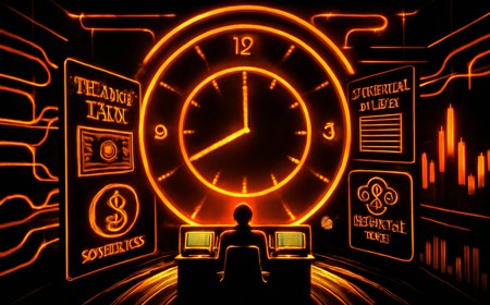 Editorial illustration of Treasury-market infrastructure as a control room where bonds, stablecoin tokens, collateral ledgers and clearing nodes flow through a 24-hour market clock.