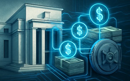 A Federal Reserve-style marble building transitions into a digital dollar settlement rail, with token nodes backed by Treasury bill stacks and protected by bank vault doors.