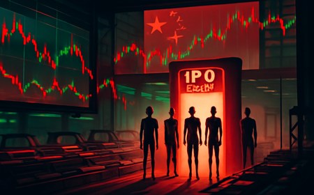 Editorial illustration of humanoid robot silhouettes waiting behind a glowing IPO approval gate inside a Chinese-style stock exchange control room, with factory lines and market charts in the background.