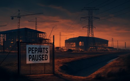 A large Texas data-center construction site near transmission towers and dry water channels, blocked by a generic regulatory gate as state permitting is paused.