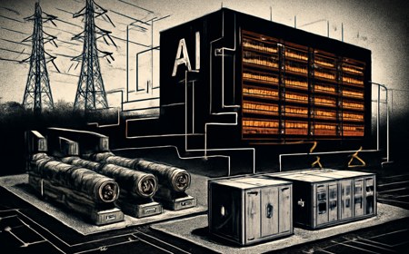 An AI data center tied to a private microgrid with turbines, battery containers, switchgear, transmission lines and control-system overlays.