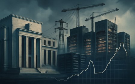 AI data centers under construction beside a Federal Reserve-style marble building, with power lines and server racks blending into an interest-rate chart.