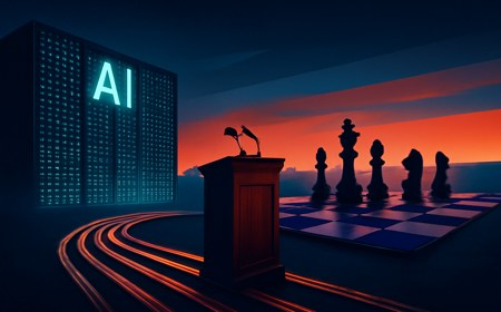 An editorial scene of a glowing AI data center at night beside a government podium and a distant geopolitical chessboard, with cables forming a race track toward the horizon.