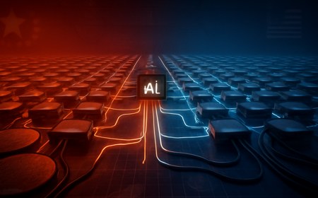 Editorial illustration of a large Chinese AI data-center floor where abstract processor tiles are linked by glowing interconnect lines into a single machine, with red and blue strategic lighting, wafers, power cables and grid-map motifs, without logos or 