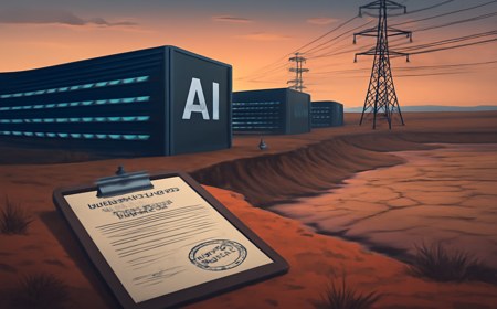 Editorial image of a Texas AI data center beside power lines and a dry reservoir, with a permit clipboard in the foreground.