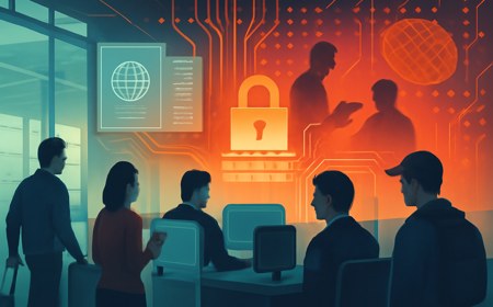 Editorial image of an airport border-control checkpoint blending into a digital firewall, with engineers, circuit traces, passport pages, AI nodes and semiconductor wafers behind translucent barriers.