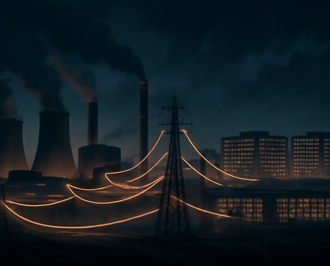 Night-time U.S. power grid with coal and gas plants feeding transmission lines toward large anonymous data-center campuses, showing the link between AI load growth and fossil baseload policy.