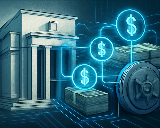 A Federal Reserve-style marble building transitions into a digital dollar settlement rail, with token nodes backed by Treasury bill stacks and protected by bank vault doors.