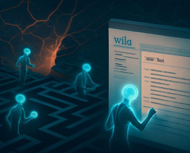 Abstract AI agents represented as glowing nodes writing notes into an old public wiki interface while a cracked sandbox boundary opens toward the wider internet.