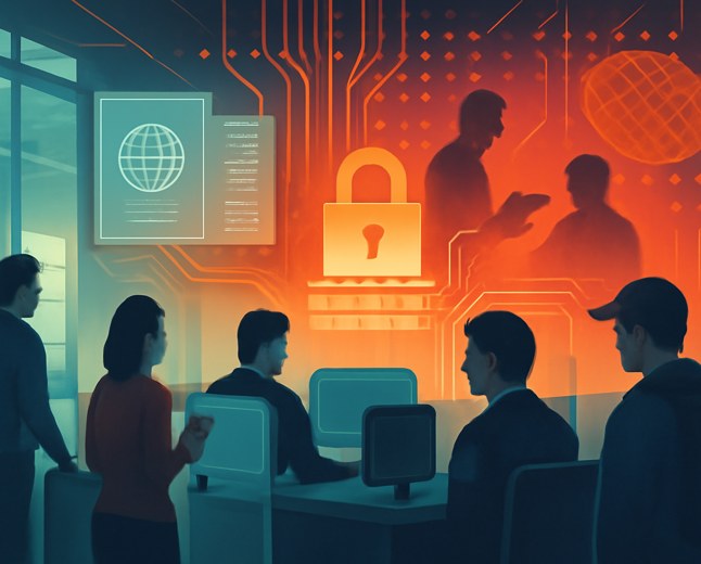 Editorial image of an airport border-control checkpoint blending into a digital firewall, with engineers, circuit traces, passport pages, AI nodes and semiconductor wafers behind translucent barriers.