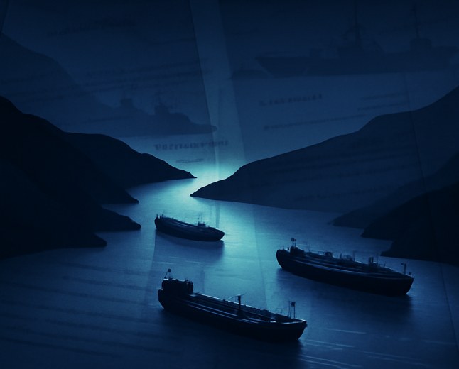 Editorial illustration of the Strait of Hormuz at night, with paused oil tankers, dark coastlines, naval silhouettes and translucent diplomatic papers suggesting a tense energy-security negotiation.