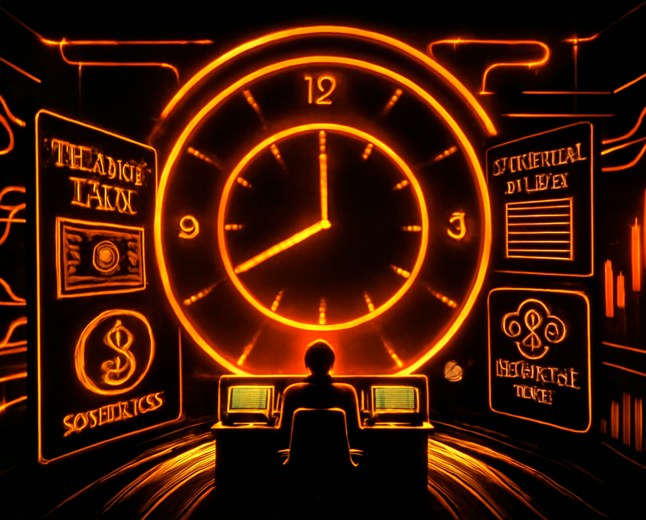 Editorial illustration of Treasury-market infrastructure as a control room where bonds, stablecoin tokens, collateral ledgers and clearing nodes flow through a 24-hour market clock.
