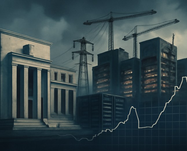 AI data centers under construction beside a Federal Reserve-style marble building, with power lines and server racks blending into an interest-rate chart.