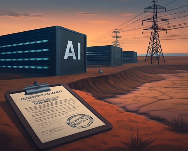Editorial image of a Texas AI data center beside power lines and a dry reservoir, with a permit clipboard in the foreground.