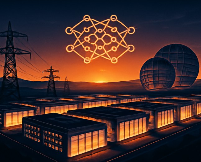 Editorial illustration of a large AI data-center grid connected to power infrastructure and abstract semiconductor wafers, representing China’s full-stack AI infrastructure buildout.