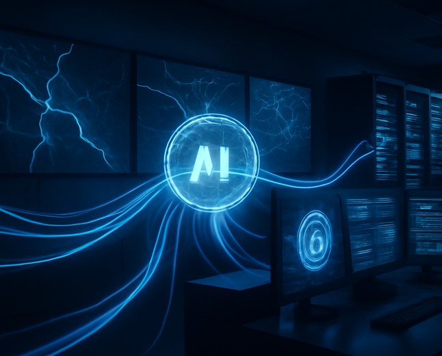 A dark critical-infrastructure control room with abstract water, power grid and municipal network maps connected to a glowing AI cyber-defense hub, with blue defensive light trails moving through servers and security dashboards.