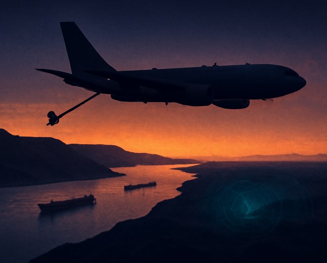 Editorial image of a gray aerial refueling tanker above a desert coastline and narrow shipping strait at dusk, with distant oil tankers and radar-like light below.