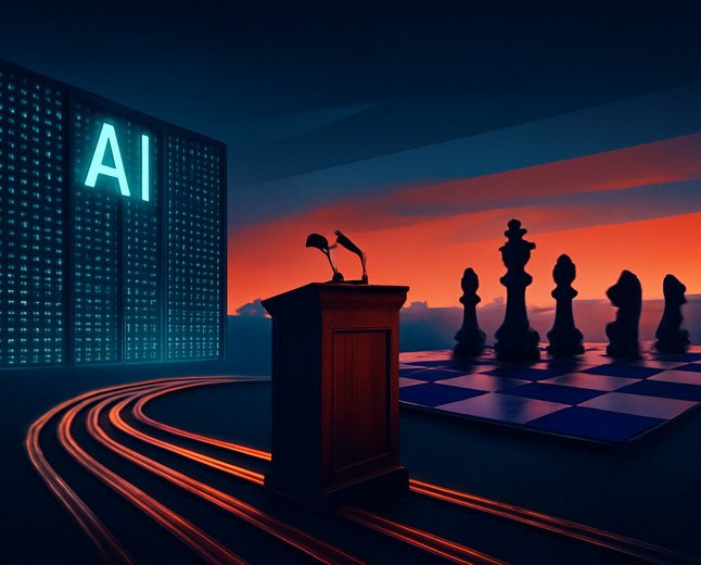 An editorial scene of a glowing AI data center at night beside a government podium and a distant geopolitical chessboard, with cables forming a race track toward the horizon.