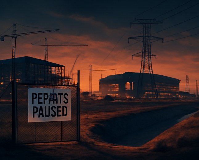 A large Texas data-center construction site near transmission towers and dry water channels, blocked by a generic regulatory gate as state permitting is paused.
