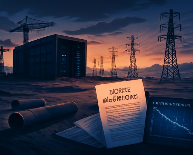 A desert AI data-center construction site at dusk with unfinished server halls, transmission towers, pipeline segments and financial charts suggesting energy and financing strain.