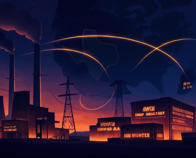 A Texas gas-fired power plant at dusk sends high-voltage electricity toward glowing data centers and semiconductor fabs, with subtle U.S.-South Korea trade route lines over a dark map.