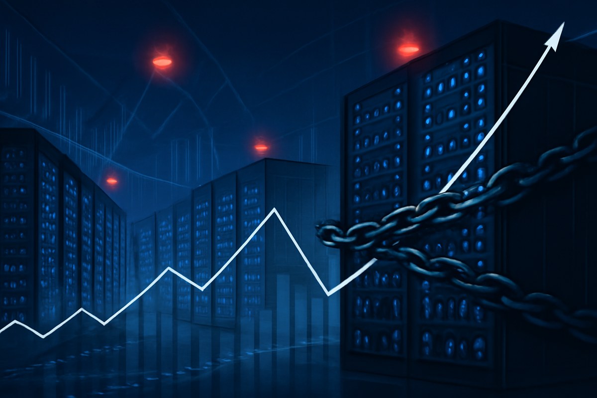 A nighttime AI data center with glowing server rows, abstract bond-market charts, rising yield lines, warning lights and debt chains around GPU racks.