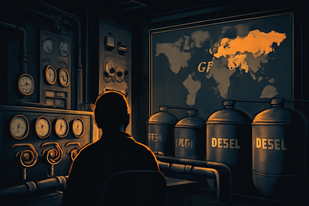 Strategic fuel reserve control room with gauges, pipeline valves, diesel storage tanks, and a world map highlighting G7 countries in a tense geopolitical setting.