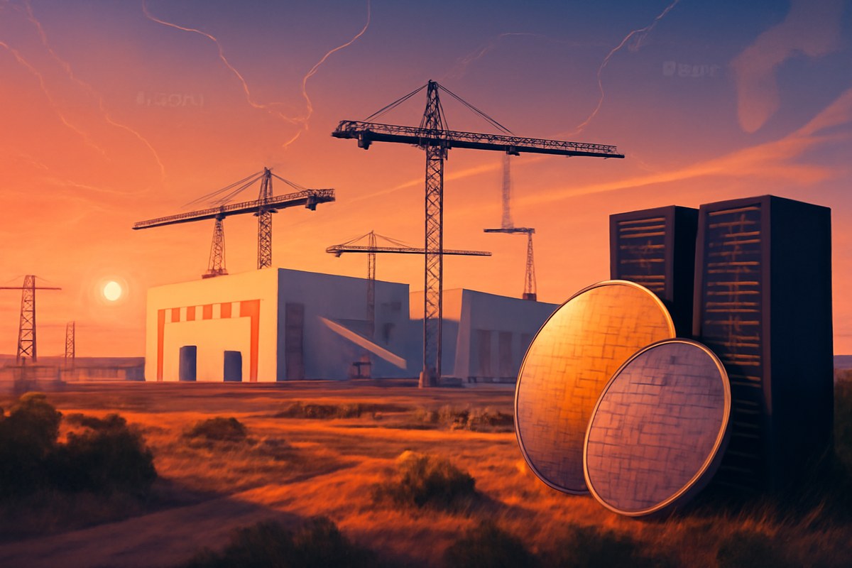 Editorial illustration of a Texas semiconductor supplier park with clean-room buildings, power lines, cranes, server racks, silicon wafers and subtle Taiwan-to-U.S. supply-chain lines.