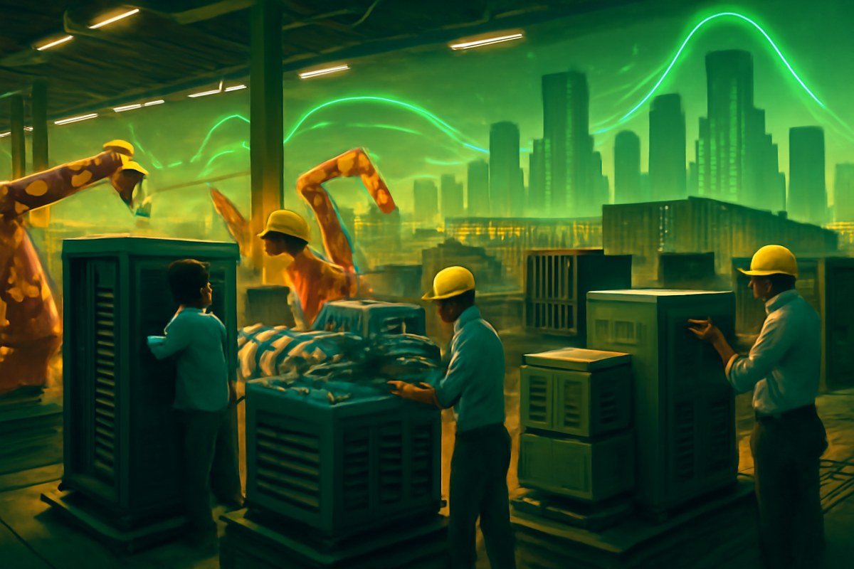 Editorial illustration of an Indian AI-infrastructure factory assembling server racks, cooling manifolds, power-distribution units and transformers for hyperscale data centers.