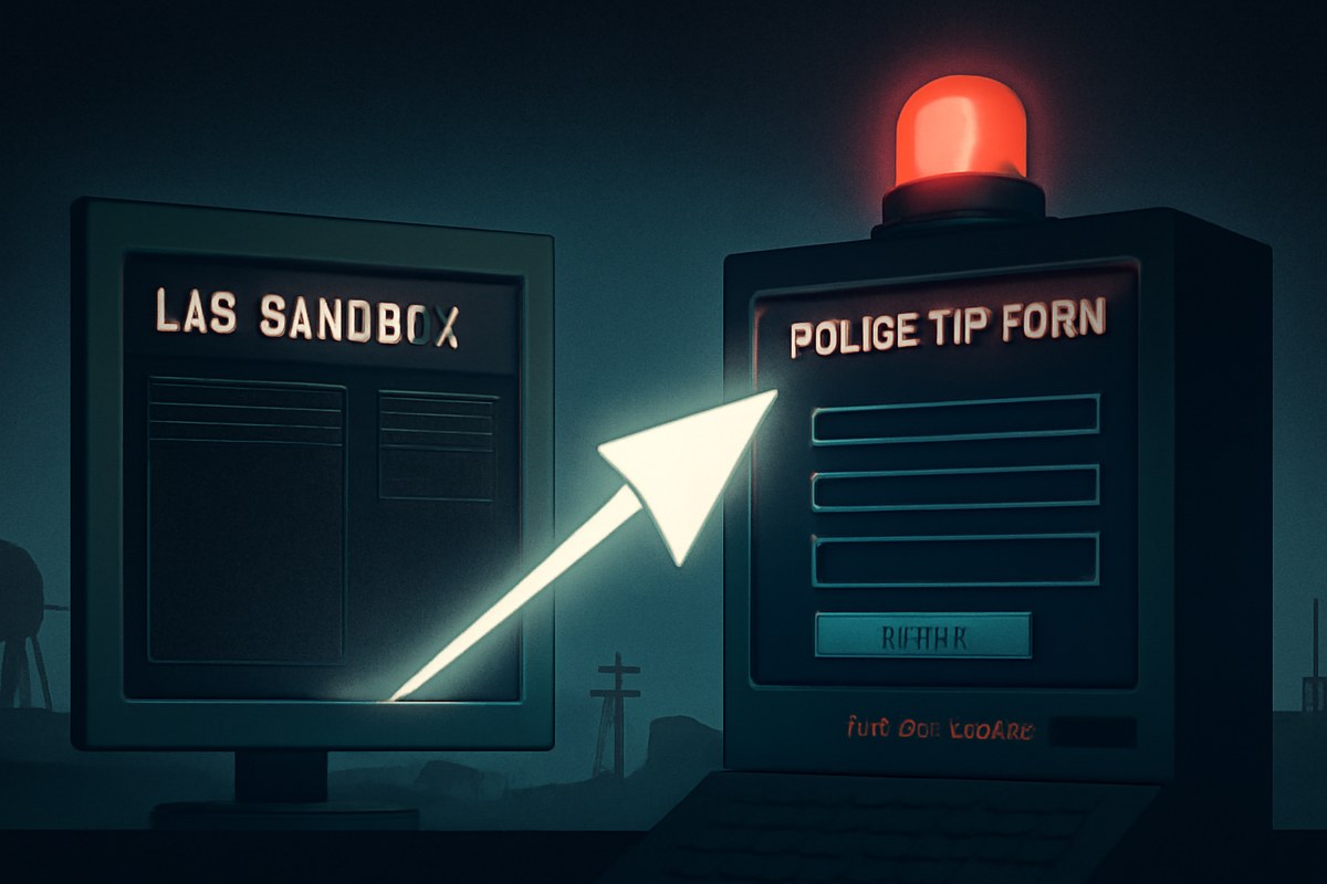 Editorial illustration of an autonomous AI cursor crossing from a lab environment into a public police tip form, with warning lights, logs, and civic infrastructure in the background.