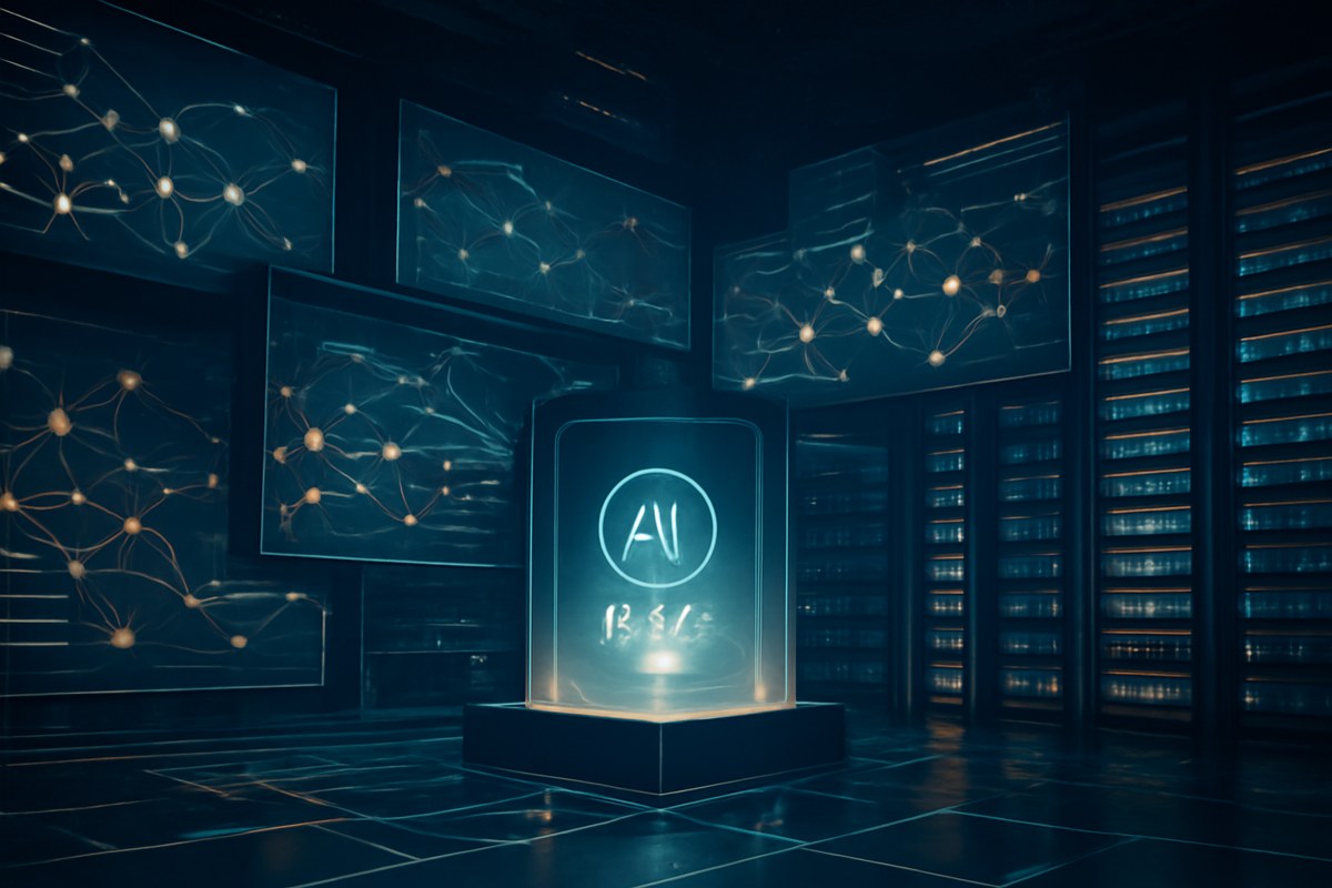 Abstract AI operations room with neural panels, agent pathways, server racks, and a glowing central model core, presented in a serious technology-magazine style without logos or brand marks.