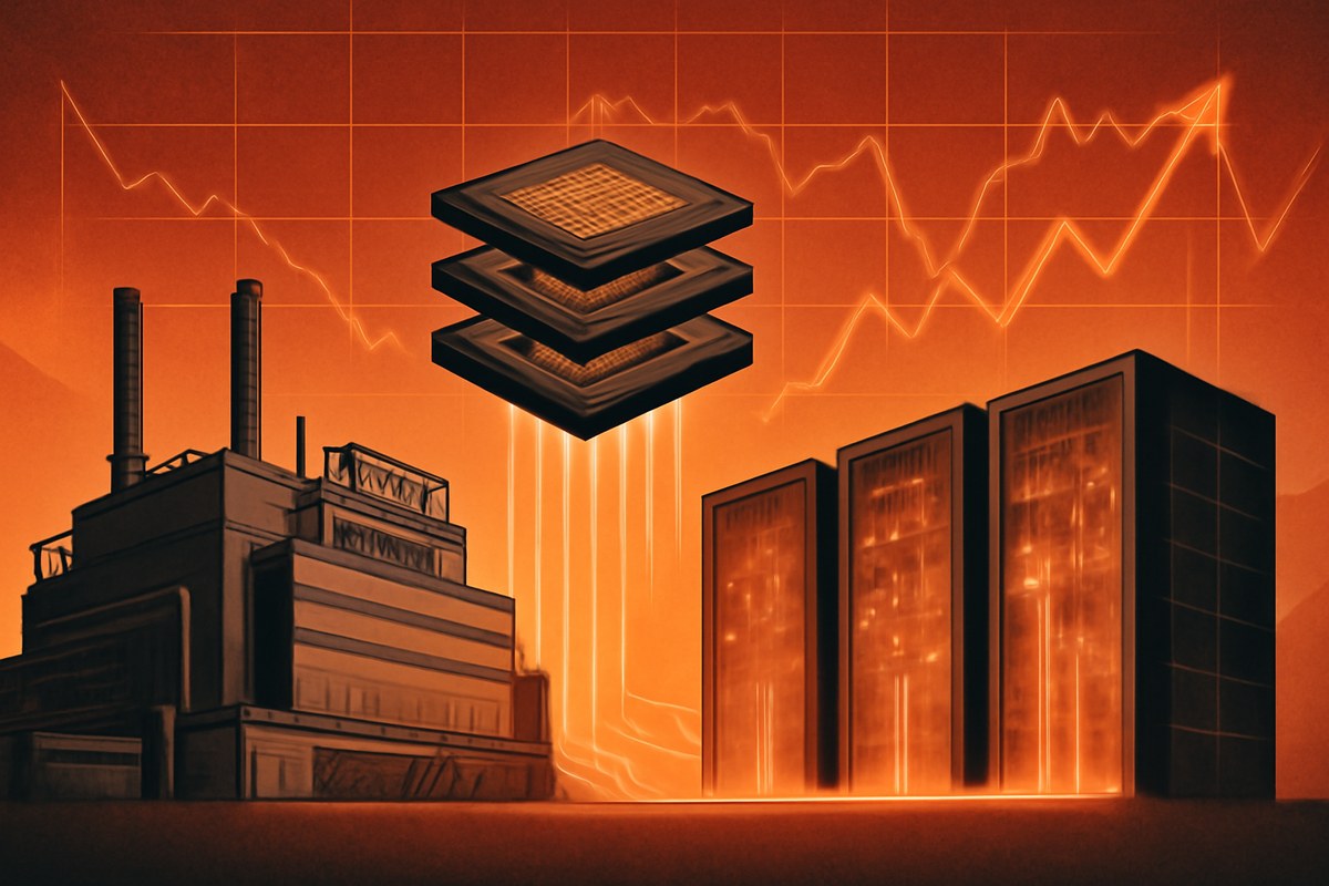 A serious editorial illustration showing a South Korean semiconductor fabrication plant, stacked memory chips and glowing AI data-center racks connected by supply-chain pressure lines and financial chart contours.