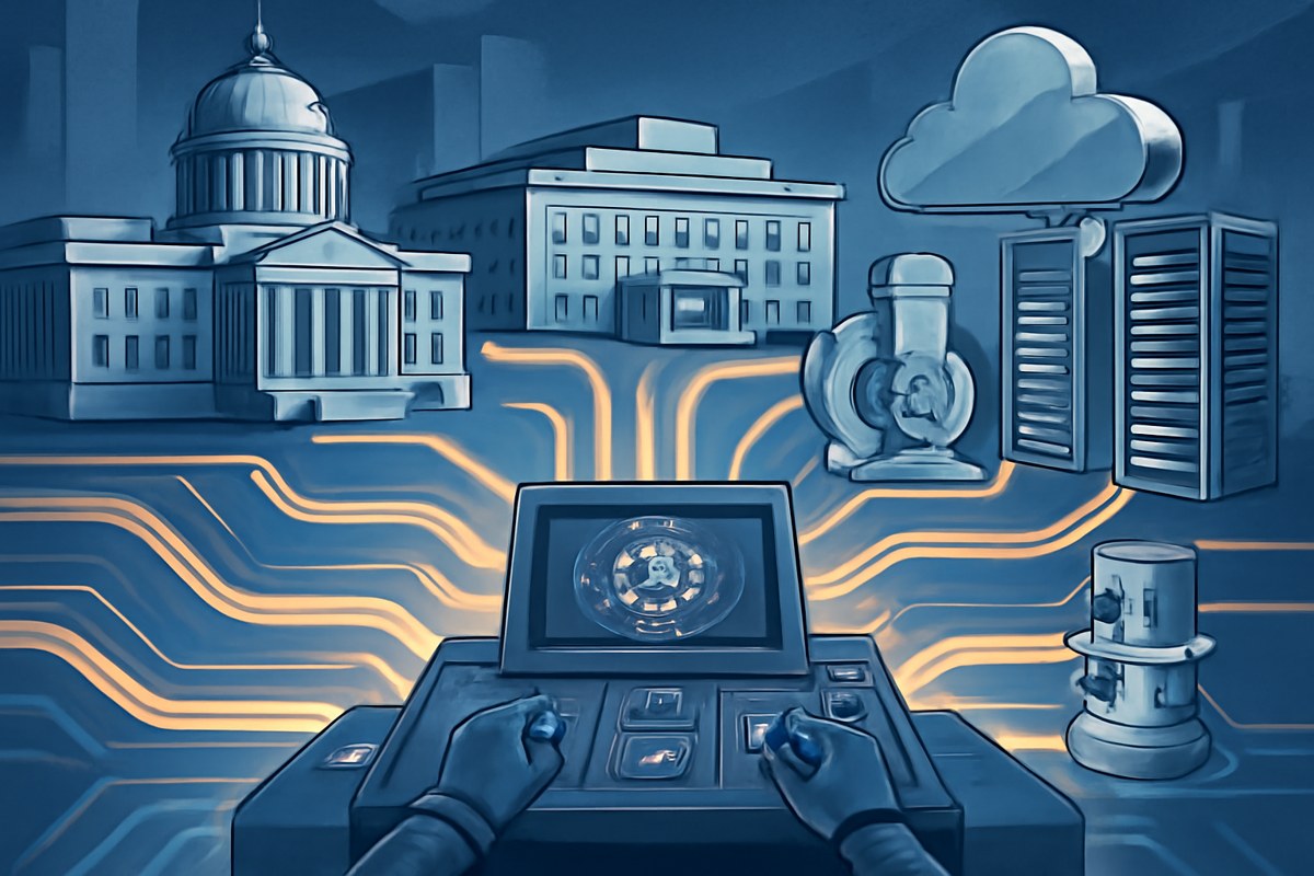 Abstract federal research grid showing government buildings, national lab instruments, cloud racks and data streams converging into a central scientific control console.