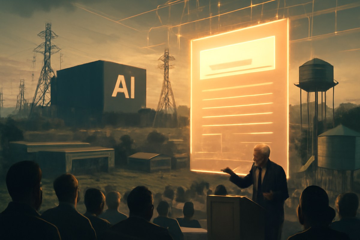 Editorial illustration of a large AI data center near a town, with transmission lines, water infrastructure, a community college, and residents at a public meeting around a glowing permit document and grid map overlay.