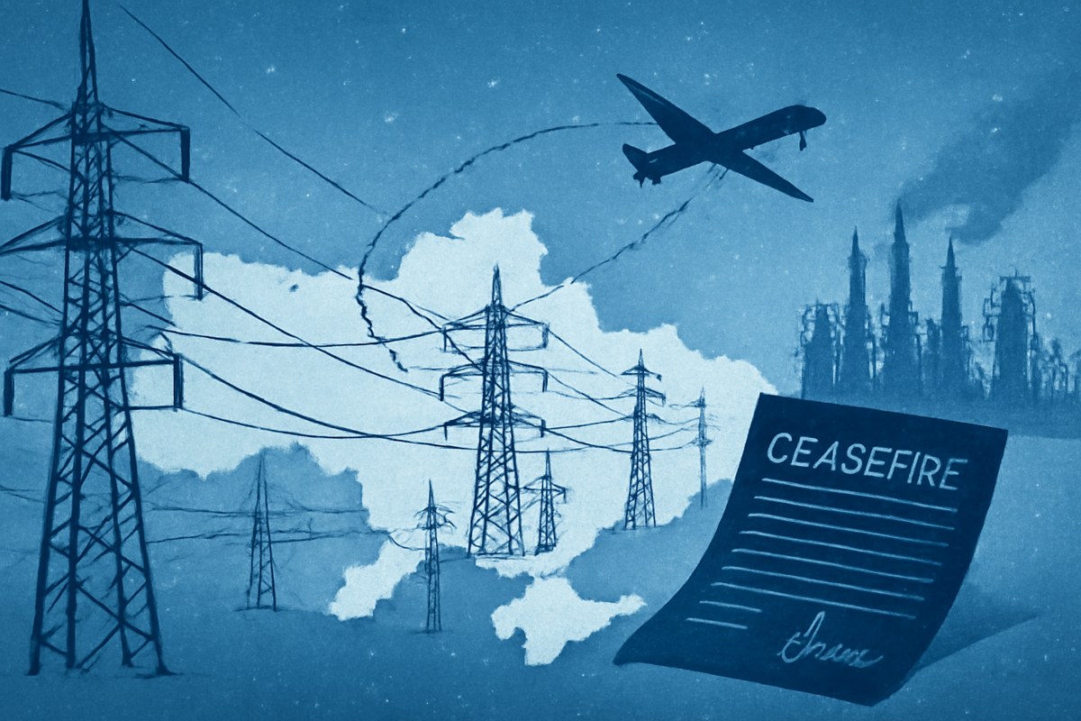 Editorial illustration of Ukraine and western Russia in winter tones, with power-grid lines, refinery silhouettes, drone paths, and a diplomatic ceasefire document.