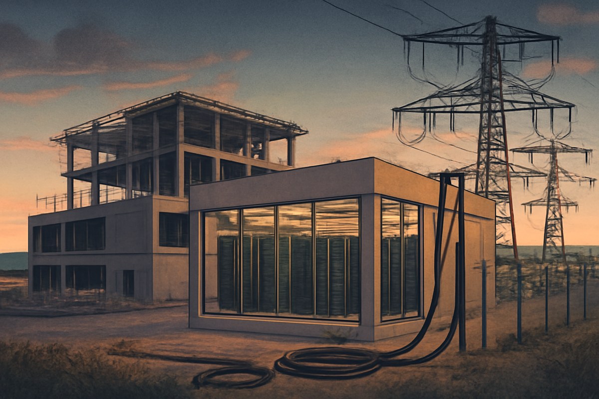 A half-built AI data center campus near an idle electrical substation at dusk, with dark server racks and unfinished power connections suggesting grid-delay risk.