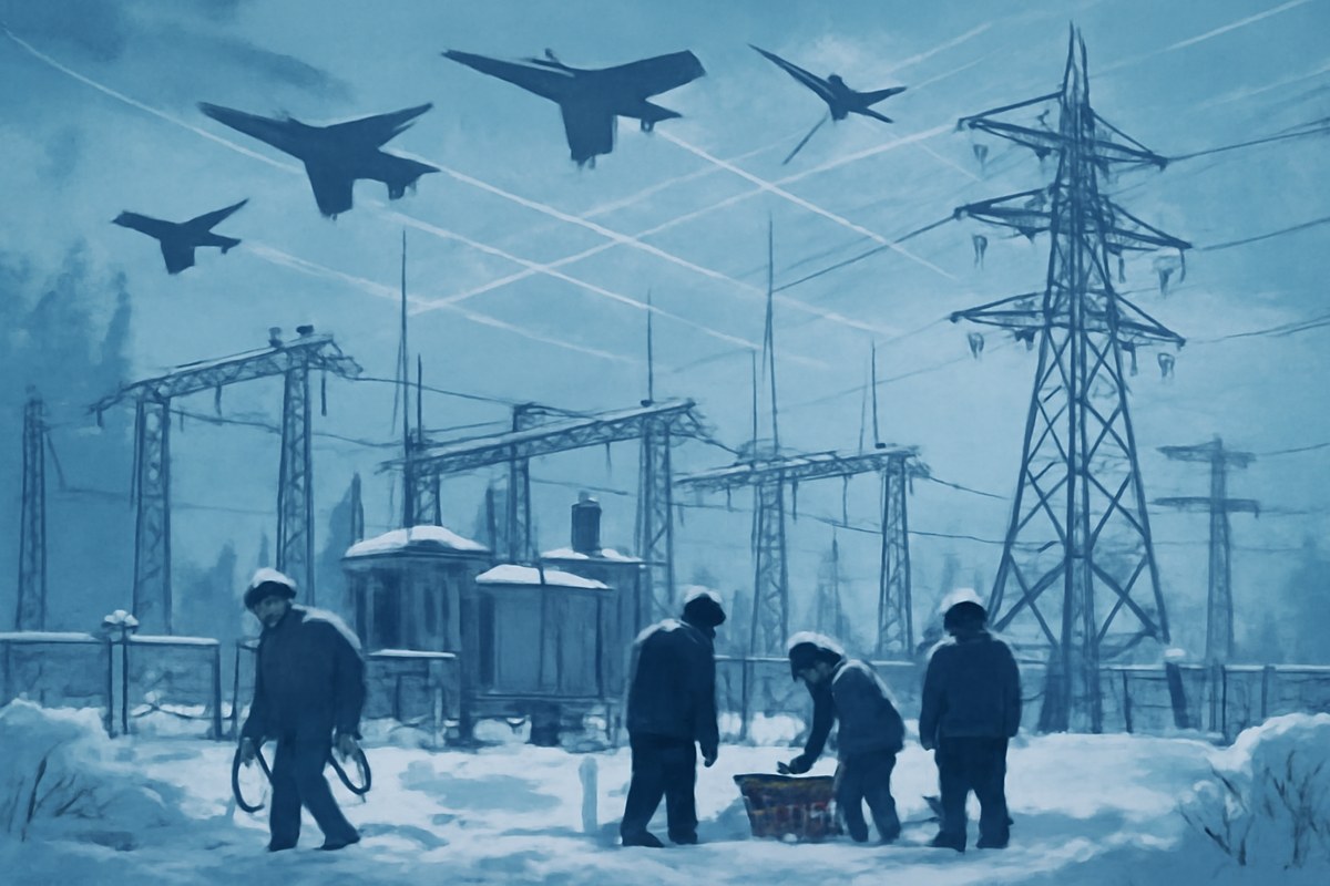 Editorial illustration of winter repair crews at a Kyiv power substation with abstract drone-interceptor silhouettes and European defense supply lines in the background.