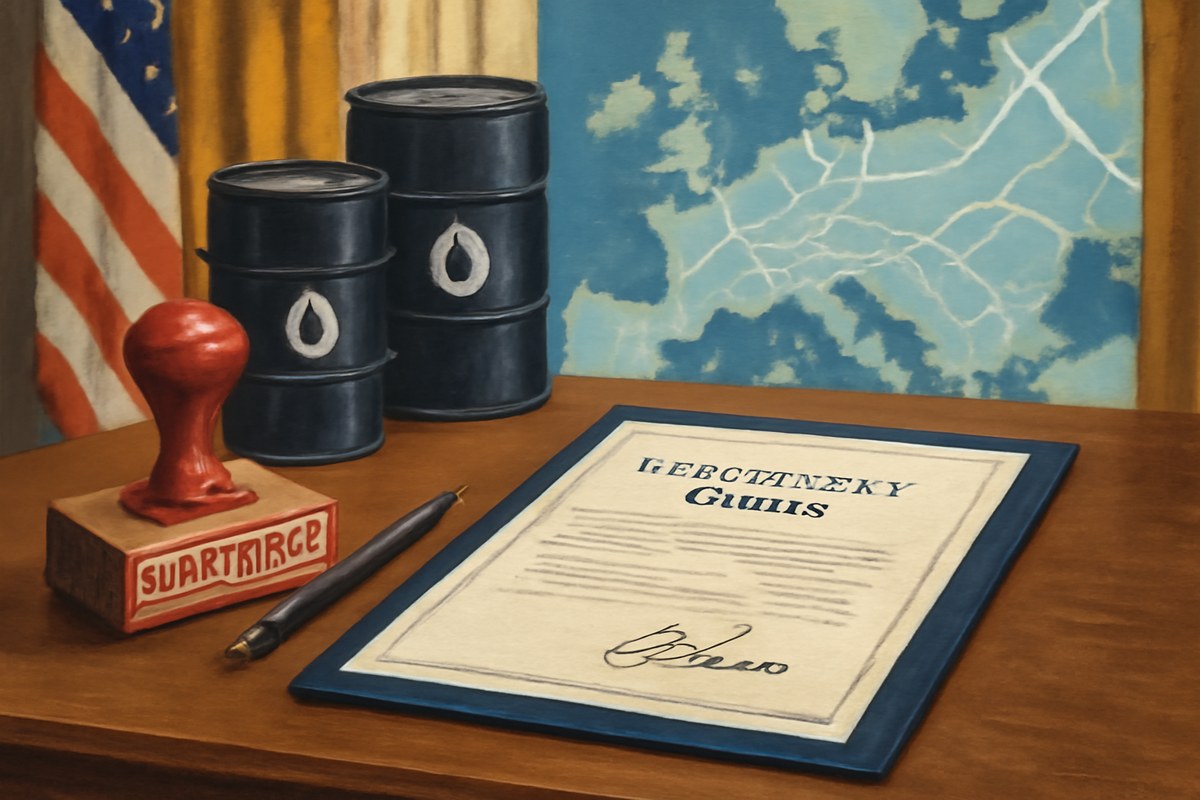 Editorial illustration of a White House desk with a signed executive order, a red sanctions stamp pushed aside, oil barrels, and a winter map of Europe in the background.